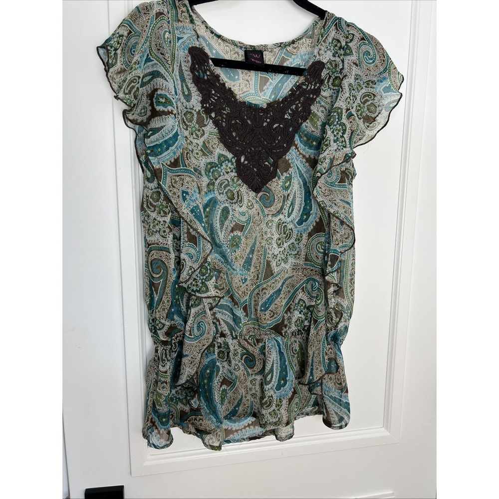 Wrapper women's Sz XL sheer blouse multicolor print ruffle sleeve elastic waist
